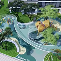 Fun Children's Play Area With Curved Slides Climbing Structures Green Trees And Lush Lawns