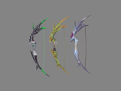 Three Different Colored Fantasy Bows With Decorative Weapon Designs And Intricate Patterns 3d model