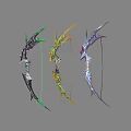 Three Different Colored Fantasy Bows With Decorative Weapon Designs And Intricate Patterns