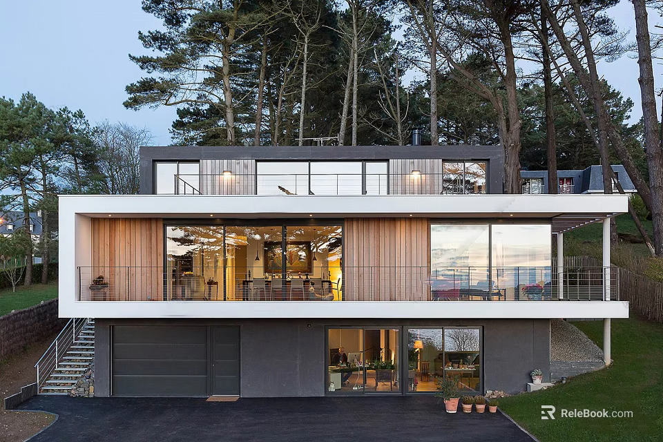 Contemporary Detached Villa with Expansive Glass Windows Horizontal Wooden Cladding and Tree Surrounded Garden 3d model 