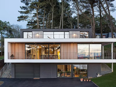 Contemporary Detached Villa with Expansive Glass Windows Horizontal Wooden Cladding and Tree Surrounded Garden 3d model
