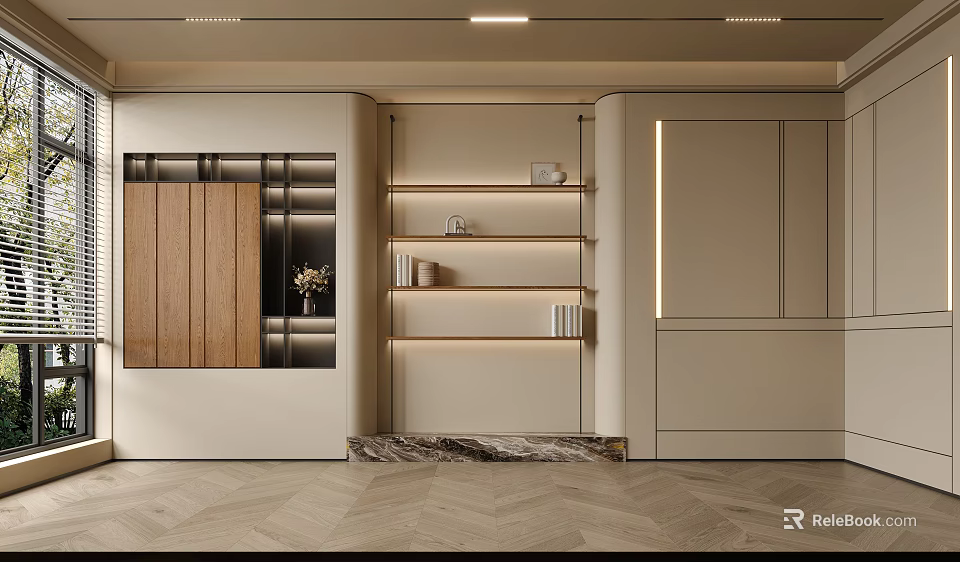 Modern Open Concept Living Room With Beige Wooden Bookshelves Marble Flooring And Recessed Lighting Strips 3d model 