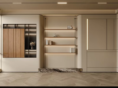 Modern Open Concept Living Room With Beige Wooden Bookshelves Marble Flooring And Recessed Lighting Strips 3d model