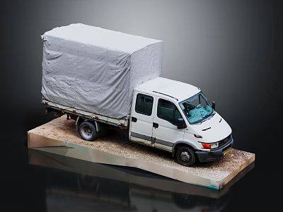 White Cargo Truck With Covered Bed And Canvas Tarp On Platform 3d model