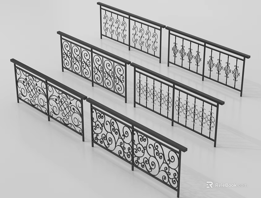 Wrought Iron Railings With Ornate Scroll Designs And Various Decorative Patterns 3d model 