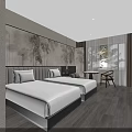 Hotel Room Interior With Beige Walls Bamboo Painting Wooden Flooring And Minimalist Design
