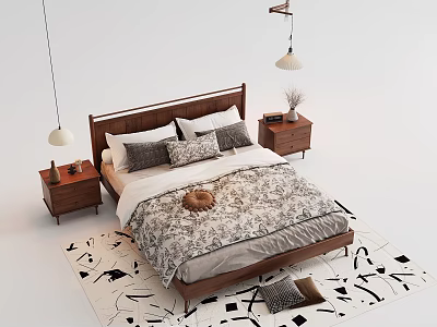 Double Bed with Wooden Headboard Patterned Quilt Multiple Pillows on Black White Pattern Rug 3d model