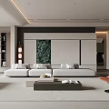 Modern Living Room Interior With Large Sofa Coffee Table Area Rug And Green Plants