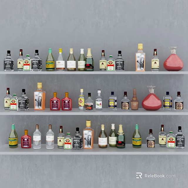 Liquor Rack With Multiple Shelves Displaying Different Types Of Alcohol Bottles 3d model 