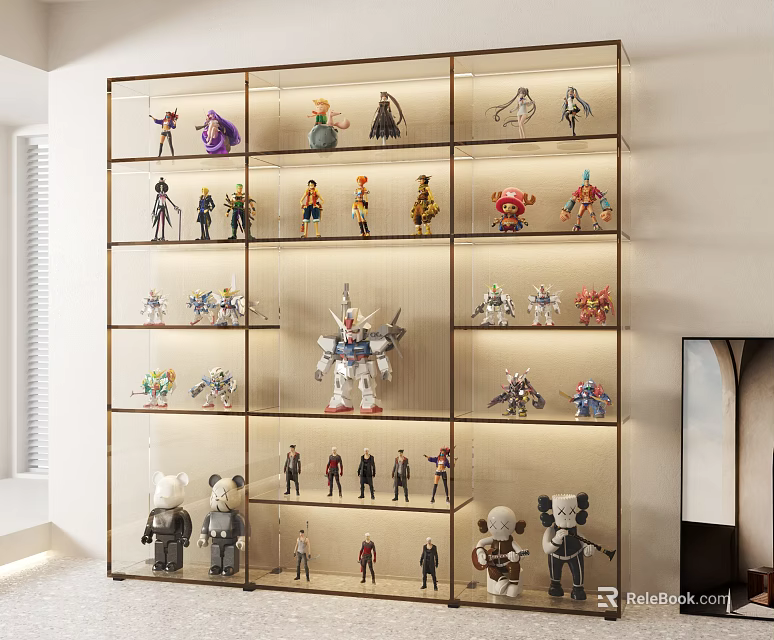 Modern Display Cabinet with Transparent Glass Shelves Showcasing Collectible Action Figures and Robot Models 3d model 