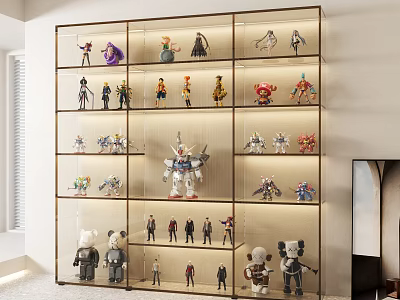 Modern Display Cabinet with Transparent Glass Shelves Showcasing Collectible Action Figures and Robot Models 3d model
