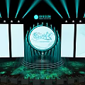 Modern Tech Stage With Circular Screen Green Lighting Effects Stepped Platform And Person Standing Center
