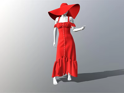Model Wearing Off Shoulder Ruffle Red Dress With Red Wide Brimmed Hat 3d model