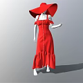 Model Wearing Off Shoulder Ruffle Red Dress With Red Wide Brimmed Hat