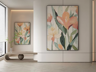 Modern Interior Decor Featuring Floral Paintings With Orange Pink Flowers And Green Leaves 3d model