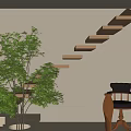 Modern Staircase In Bright Interior With Large Window Green Plant Round Table And Green Chairs