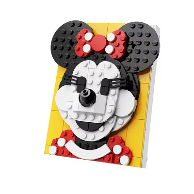 Decorative Ornament Set Featuring Lego Bricks Minnie Mouse Head Design With Red Bow Yellow Background 3d model
