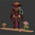 Nature Inspired Wooden Character With Conical Hat Green Cloth Sash And Small Mushrooms