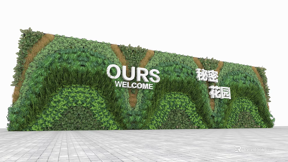 Decorative Green Plant Wall With OURS Welcome Sign And Secret Garden Design 3d model 