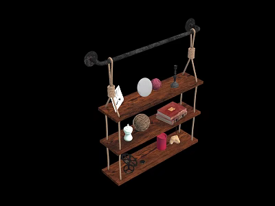 Vintage Clock On Three Tiered Wooden Shelf With Rope And Playing Cards 3d model