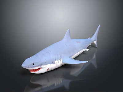 Realistic Gray Great White Shark Model Featuring Sharp Teeth On Black Reflective Background 3d model