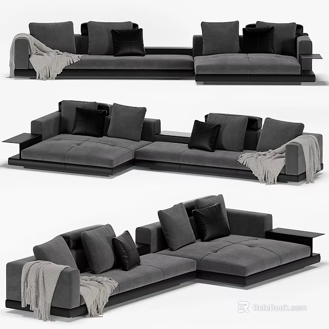 Comfortable Modern Gray Sectional Sofa With Black Pillows And Soft Throw Blanket 3d model