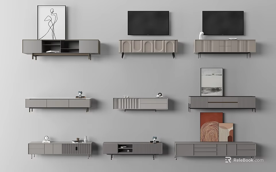 Modern TV Stand Collection With Various Designs Drawers Cabinets And Open Shelves 3d model 