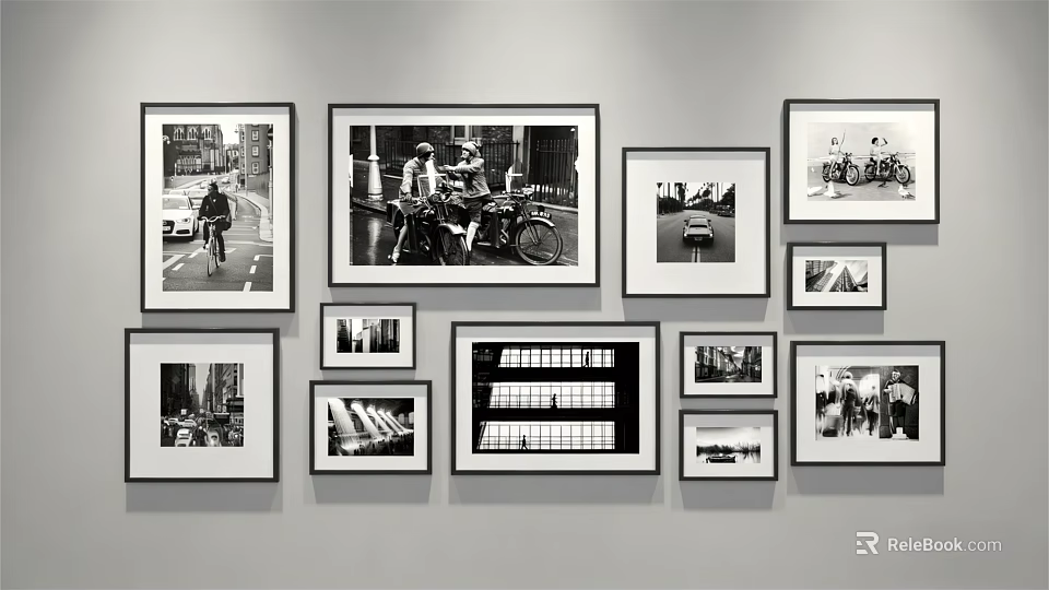 Black and White Photo Wall with Various Sizes Frames and Street Scenes 3d model 
