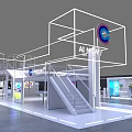 Modern Exhibition Booth Design Featuring White Frame Illuminated Lines Company Logo Stairs And Display Screens