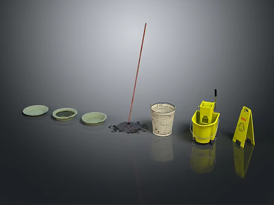 Daily Cleaning Essentials With Mop Bucket Basins And Wet Floor Warning Sign 3d model