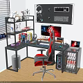 Gaming Desk Setup With Ergonomic Chair RGB Lighting Monitor Keyboard Shelves And Mini Fridge
