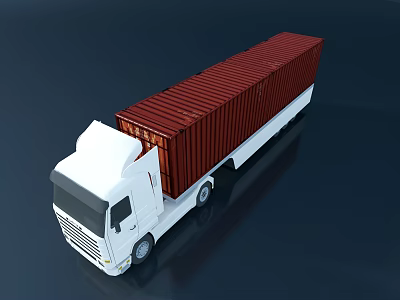 White Commercial Truck Carrying Large Red Container On Dark Background 3d model