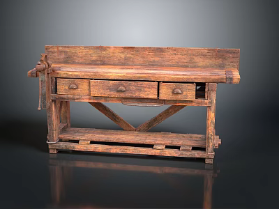 Rustic Wooden Workbench Furniture With Drawers X Shaped Base And Long Surface 3d model