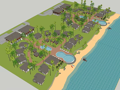 Beachfront Villa Complex With Palm Trees Swimming Pools And Ocean View 3d model