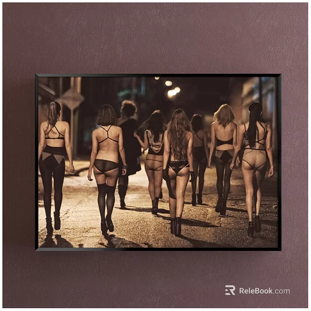Figure Painting of Women in Lingerie and Stockings Walking on Night Street with Street Lamps 3d model 