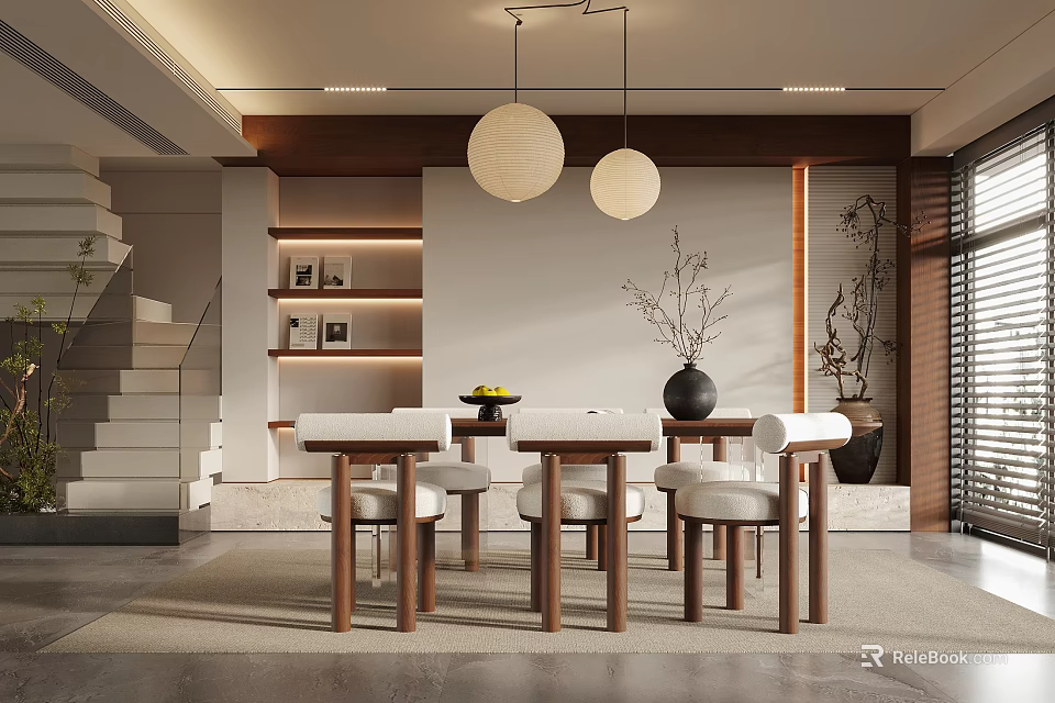 Minimalist Restaurant Interior With Wooden Dining Table White Chairs Hanging Pendant Lights And Decorative Shelves 3d model 