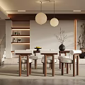 Minimalist Restaurant Interior With Wooden Dining Table White Chairs Hanging Pendant Lights And Decorative Shelves