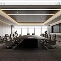Modern Conference Room Interior Design With Long Table Ergonomic Chairs Large Windows And Projector Screens