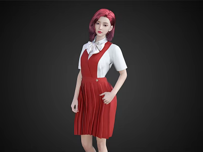 Woman With Pink Hair Wearing White Shirt Red Pinafore Dress Bow Tie On Black Background 3d model