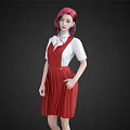 Woman With Pink Hair Wearing White Shirt Red Pinafore Dress Bow Tie On Black Background