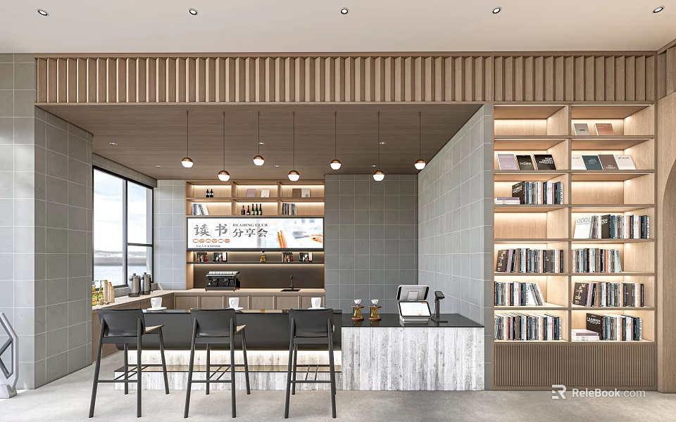 Modern Book Art Interior Design with Wooden Bookshelves Various Books Pendant Lights and Counter Chairs 3d model 