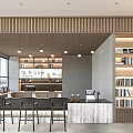 Modern Book Art Interior Design with Wooden Bookshelves Various Books Pendant Lights and Counter Chairs