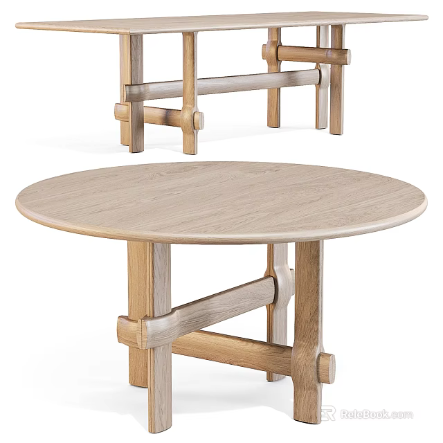 Round Wood Dining Table With Simple Cross Leg Design And Smooth Natural Surface 3d model 