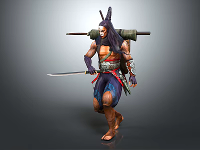 Tribal Warrior With Long Hair Carrying Weapons on Back And Holding Sword In Decorative Outfit 3d model