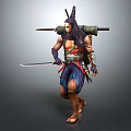 Tribal Warrior With Long Hair Carrying Weapons on Back And Holding Sword In Decorative Outfit