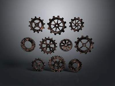 Industrial Style Lighting Fixture Set with Metal Gear Design Various Sizes and Floating Effect on Dark Background 3d model