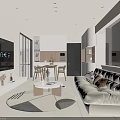 Modern White Living Dining Room Interior With White Sofa Round Coffee Table And Dining Chairs