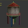 Water Tower Equipment With Red Roof Beige Body And Green Support Legs
