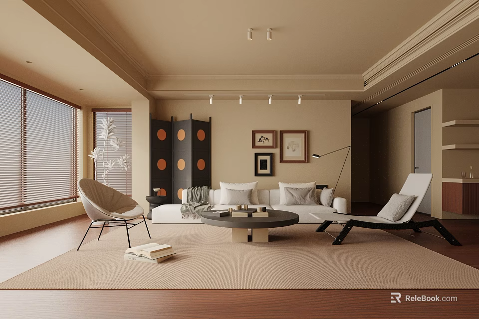 Modern Living Room Interior with Neutral Tones Large Window Sofa Round Coffee Table and Wall Art 3d model 
