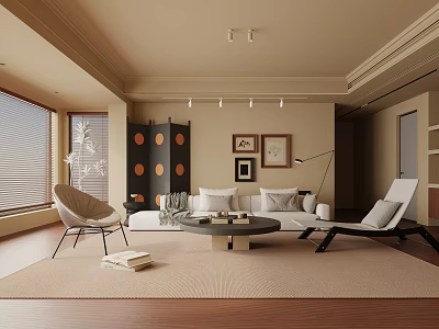 Modern Living Room Interior with Neutral Tones Large Window Sofa Round Coffee Table and Wall Art 3d model